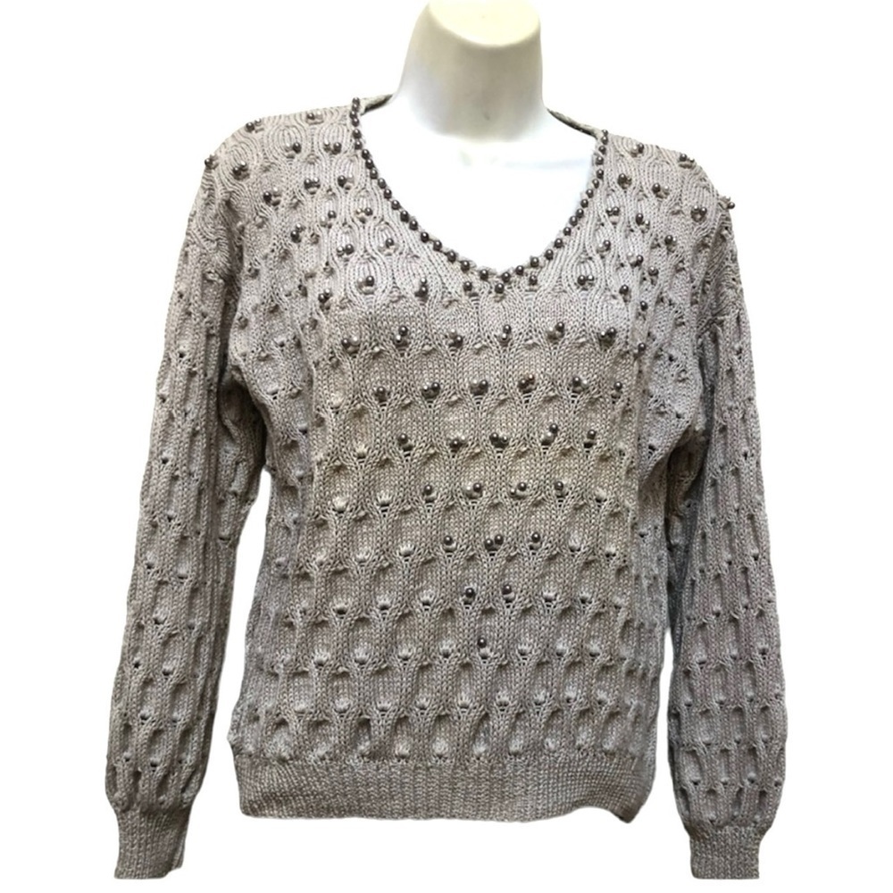 Cable Knitted Lightweight V Neck Tan Handmade Sweater Perl Clusters Small - Picture 2 of 10